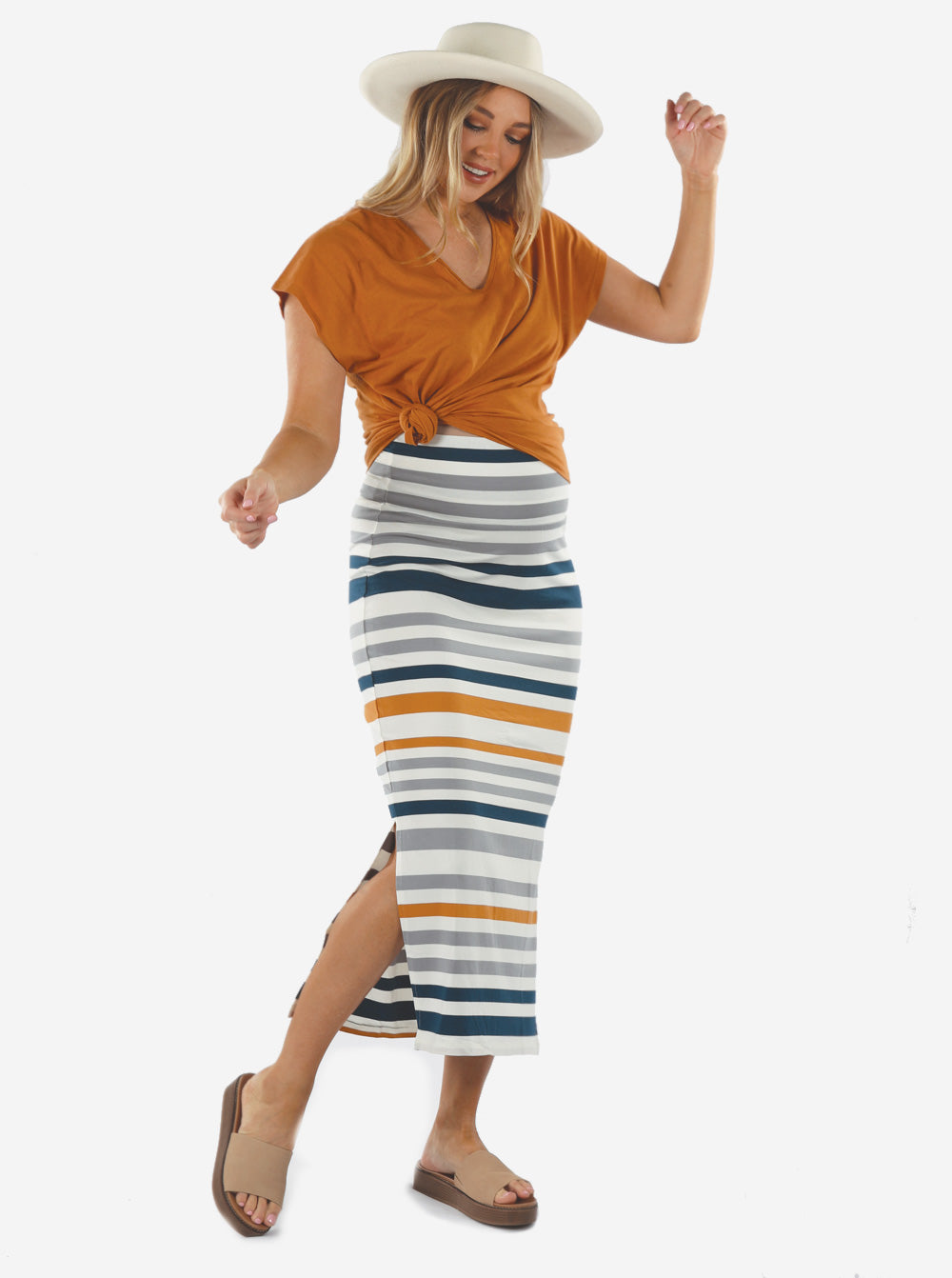 Full Length Bamboo Maternity Fitted Skirt - Orange and Blue Stripe - Angel Maternity - Maternity clothes - shop online (4721130733671)