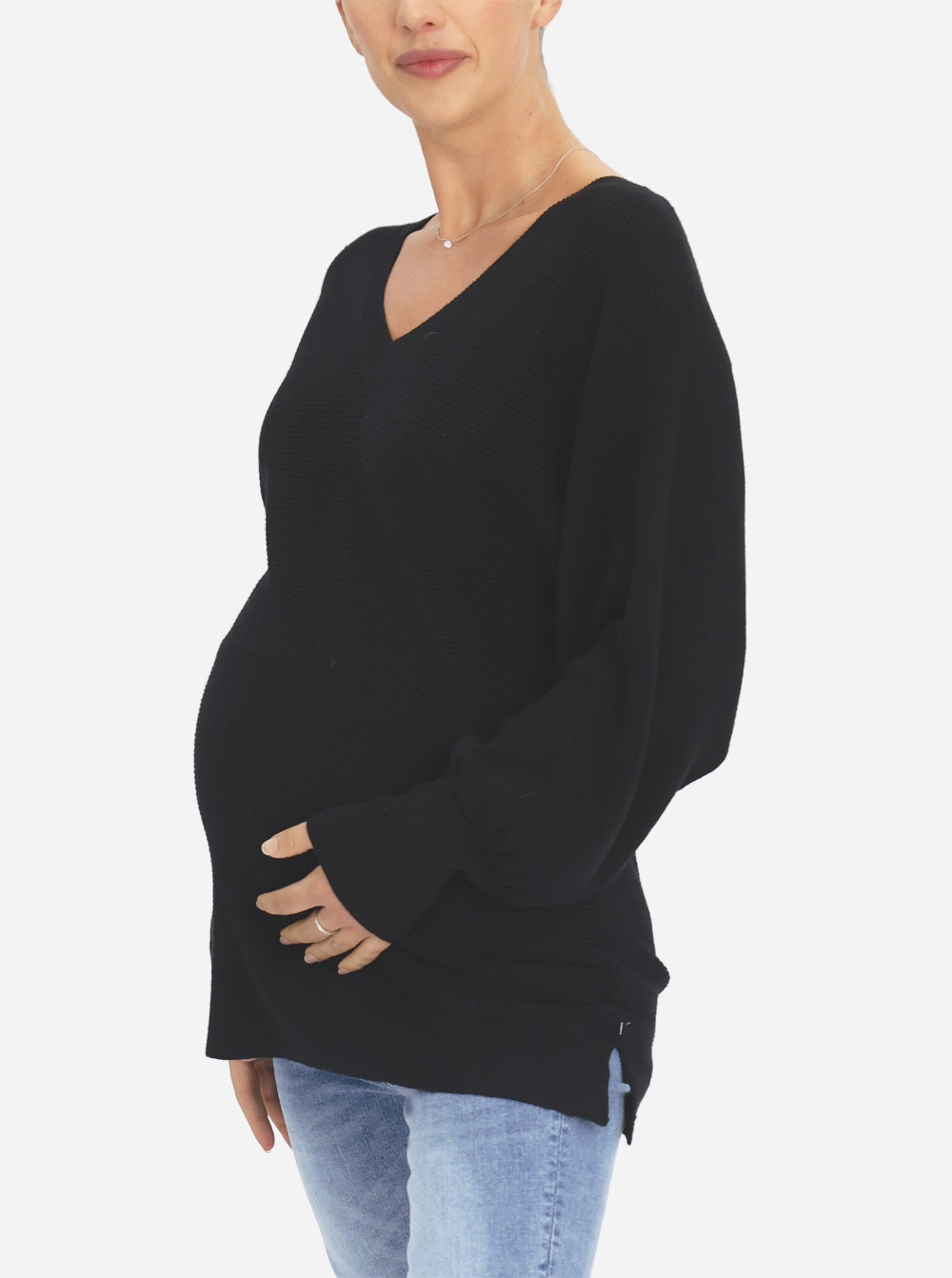 Maternity V-Neck Raglan Sleeve Jumper in Black - Angel Maternity - Maternity clothes - shop online (6594402648167)