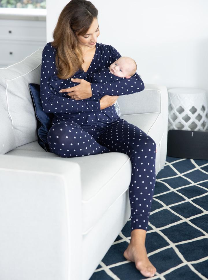 Maternity & Nursing 3 Piece Lounge Pyjama Outfit - Navy Polkadots