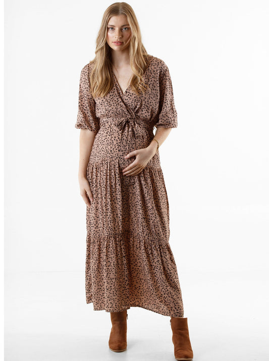 Dana Maternity Midi Dress in Black Leaf Print (6672552656990)