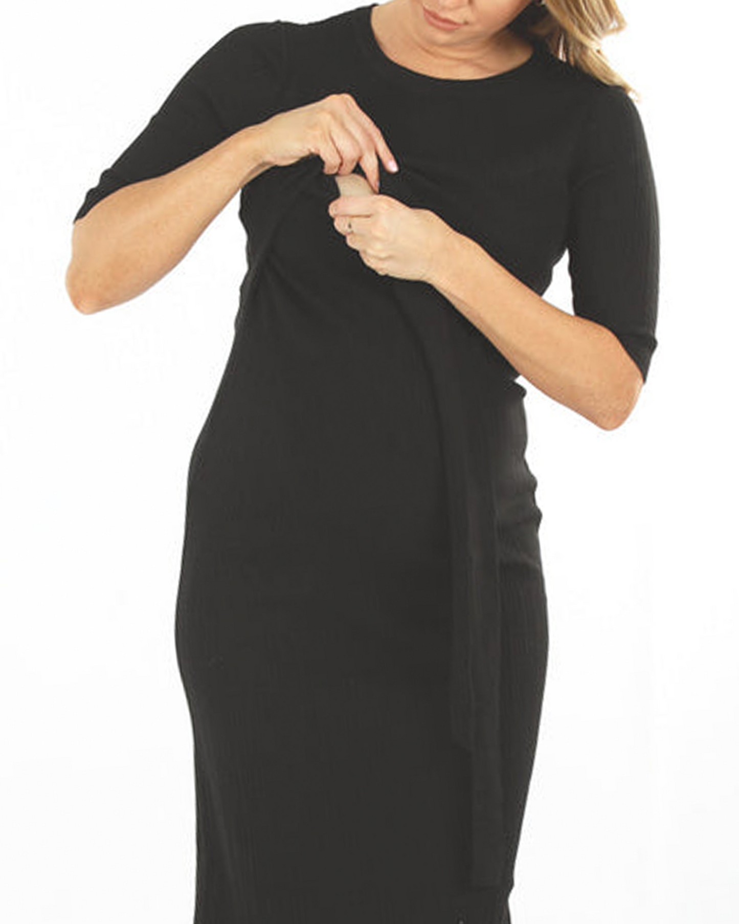 A woman in black angel maternity annabella knit dress, feed (6594399666279)