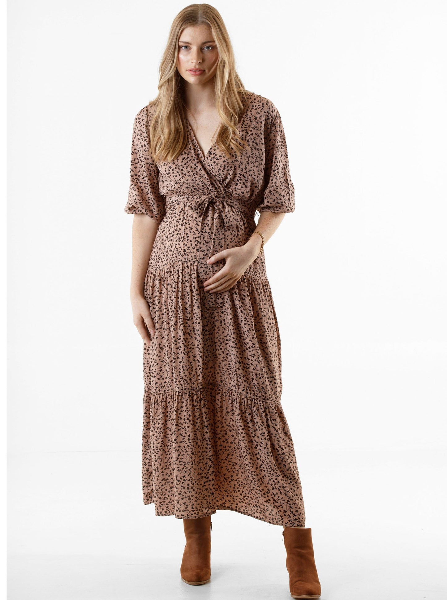 A woman in black leaf print angel maternity dana maternity midi dress, front (6651645657191)