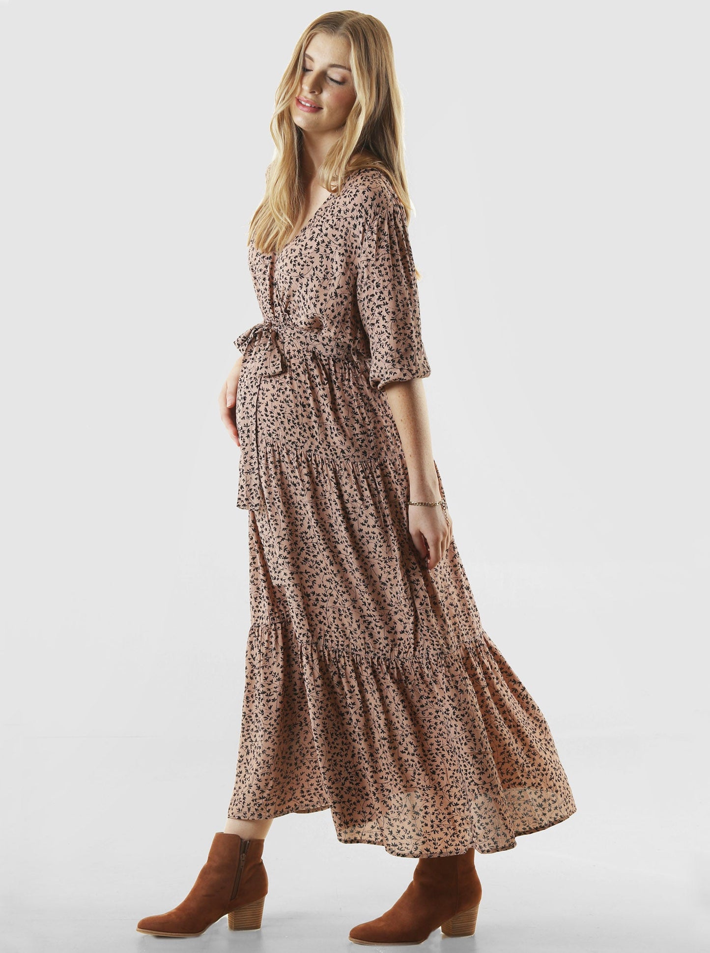 Dana Brown Maternity Maxi Dress in Black Leaf Print (6651645657191)