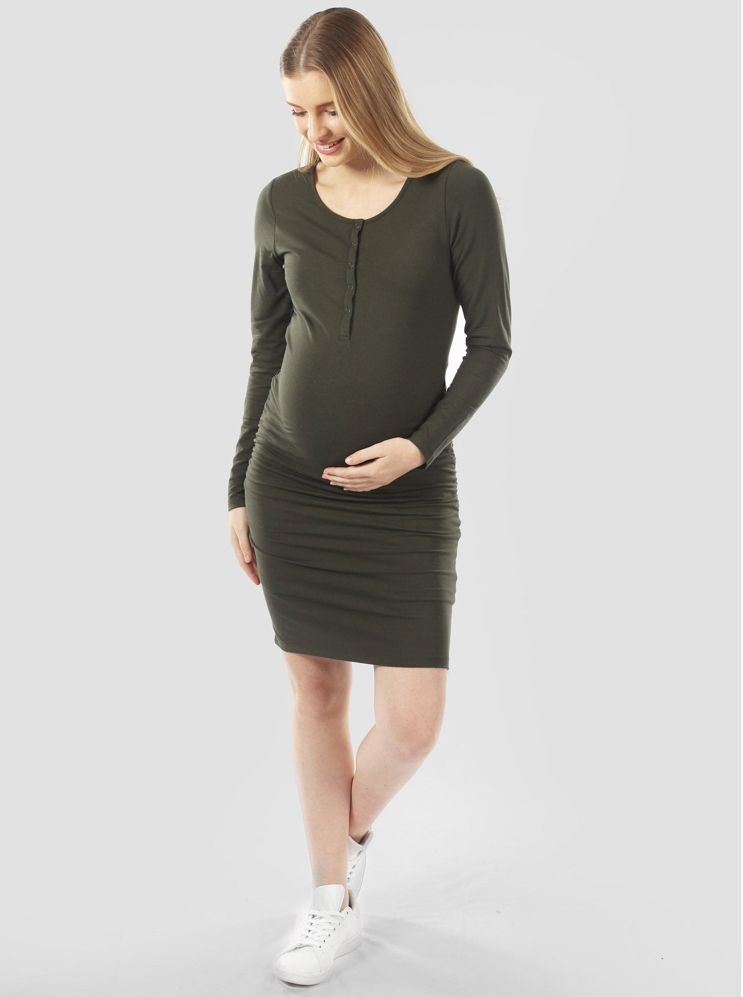 Lexie Maternity & Nursing Long Sleeve Dress in Khaki Green (6659150479463)