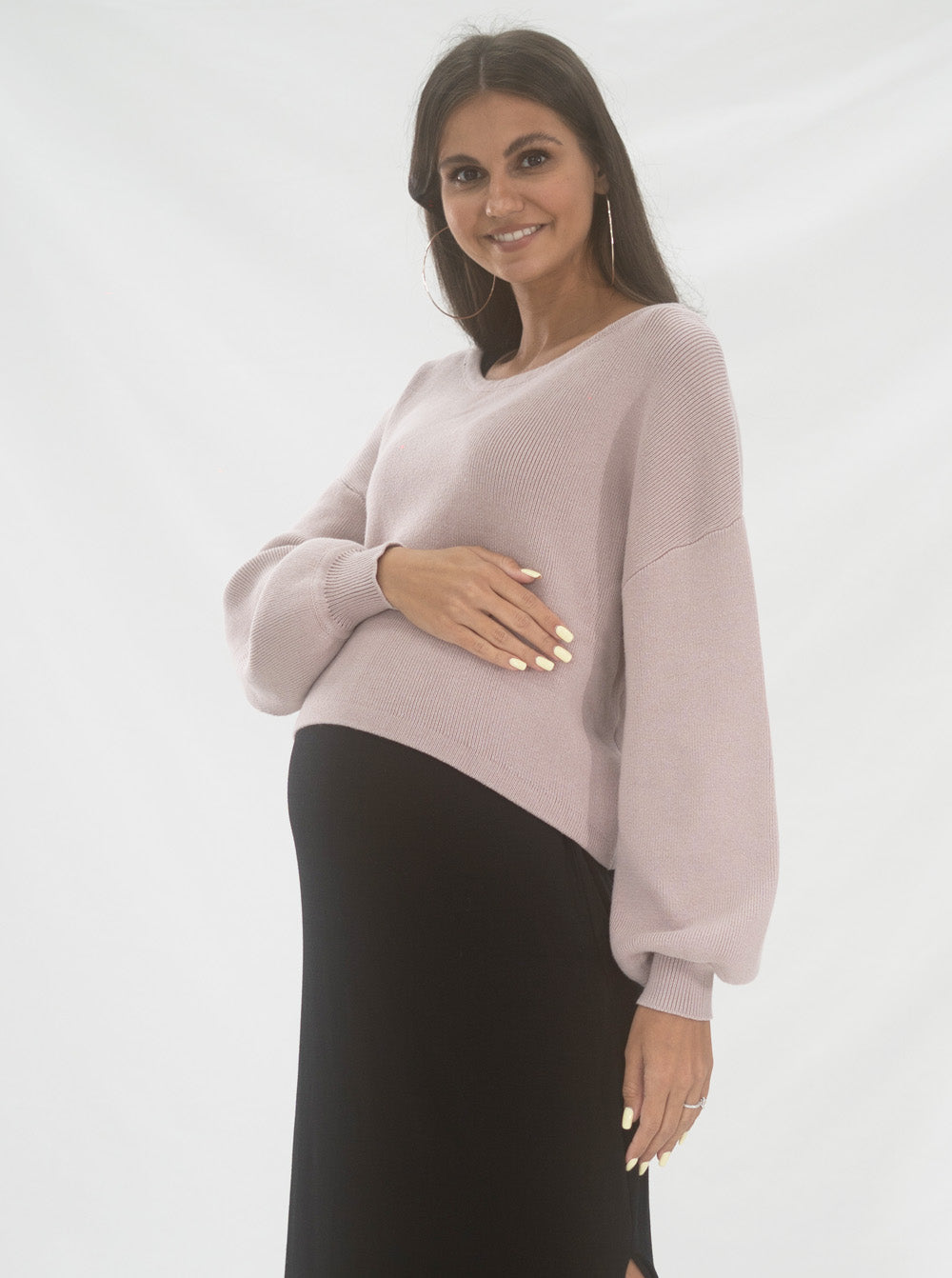 A woman who's smiling in Mauve angel maternity maternity luxury knitted nursing top, side (6543151857767)