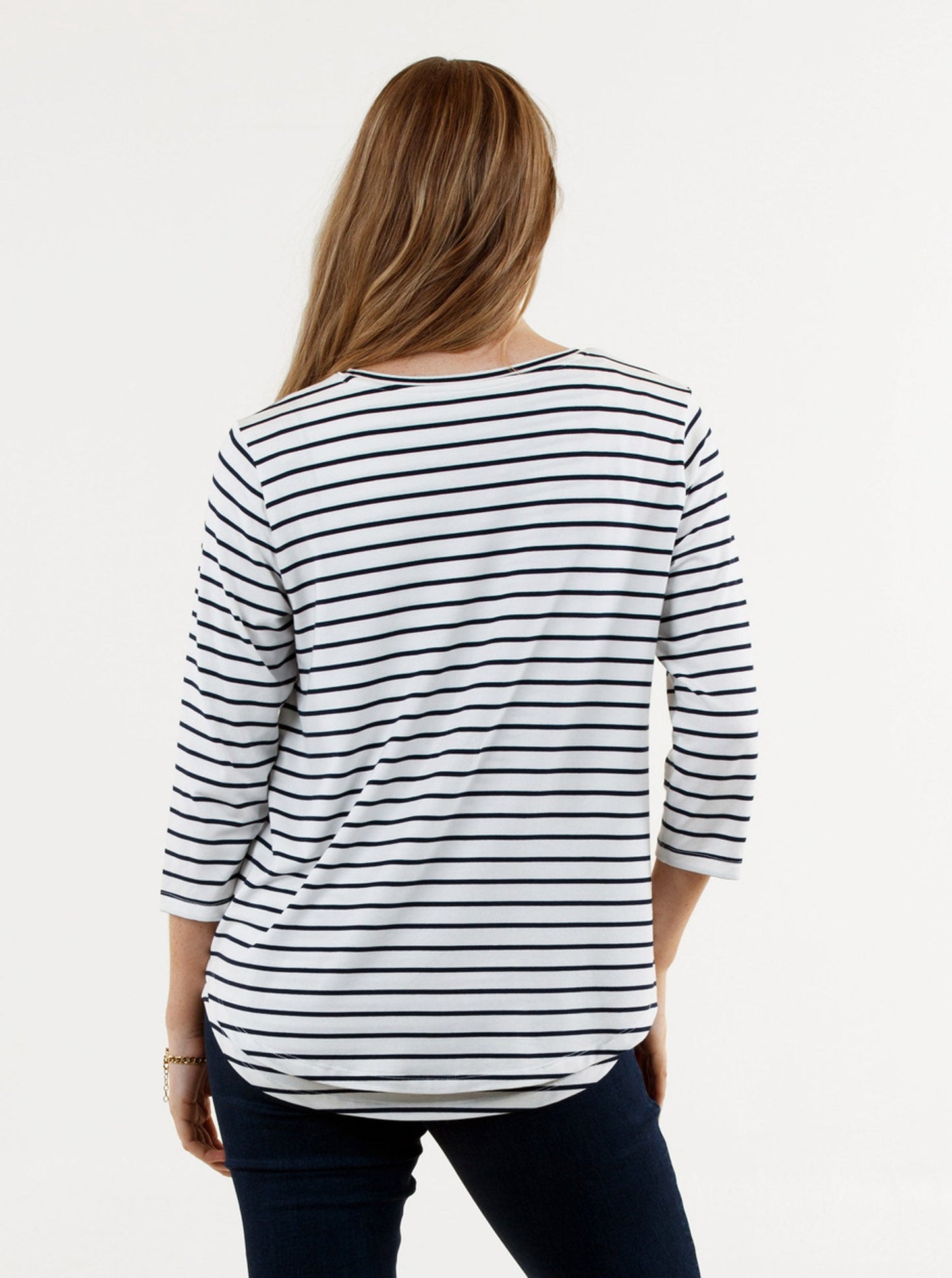 A woman in bamboo stripe long sleeve maternity nursing top, back (6653090791527)