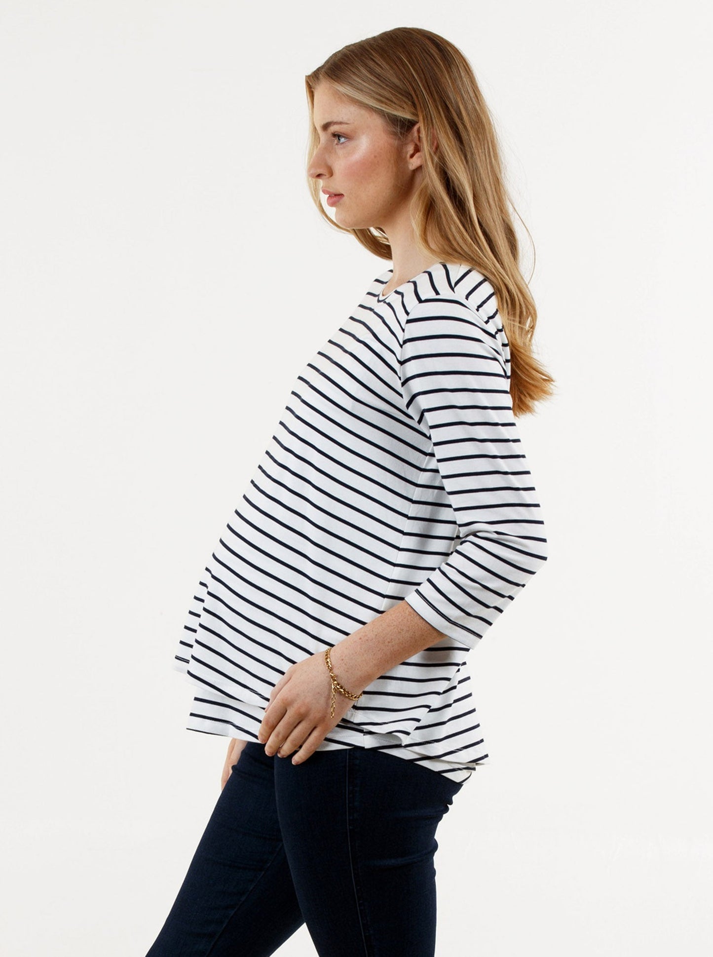 A woman in bamboo stripe long sleeve maternity nursing top, side (6653090791527)