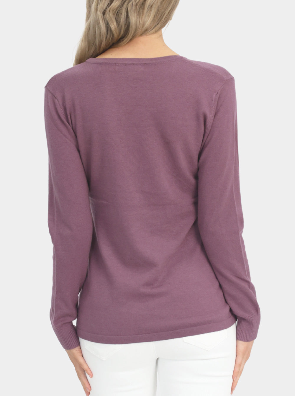 A woman in crossover long sleeve smoked purple maternity nursing top, back (6594382495847)