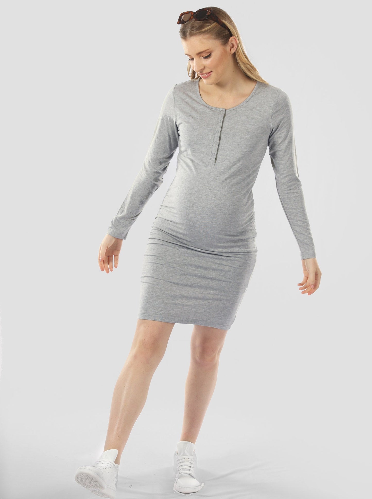 a woman in marl grey lexie maternity nursing long sleeve dress, main (6647017963623)