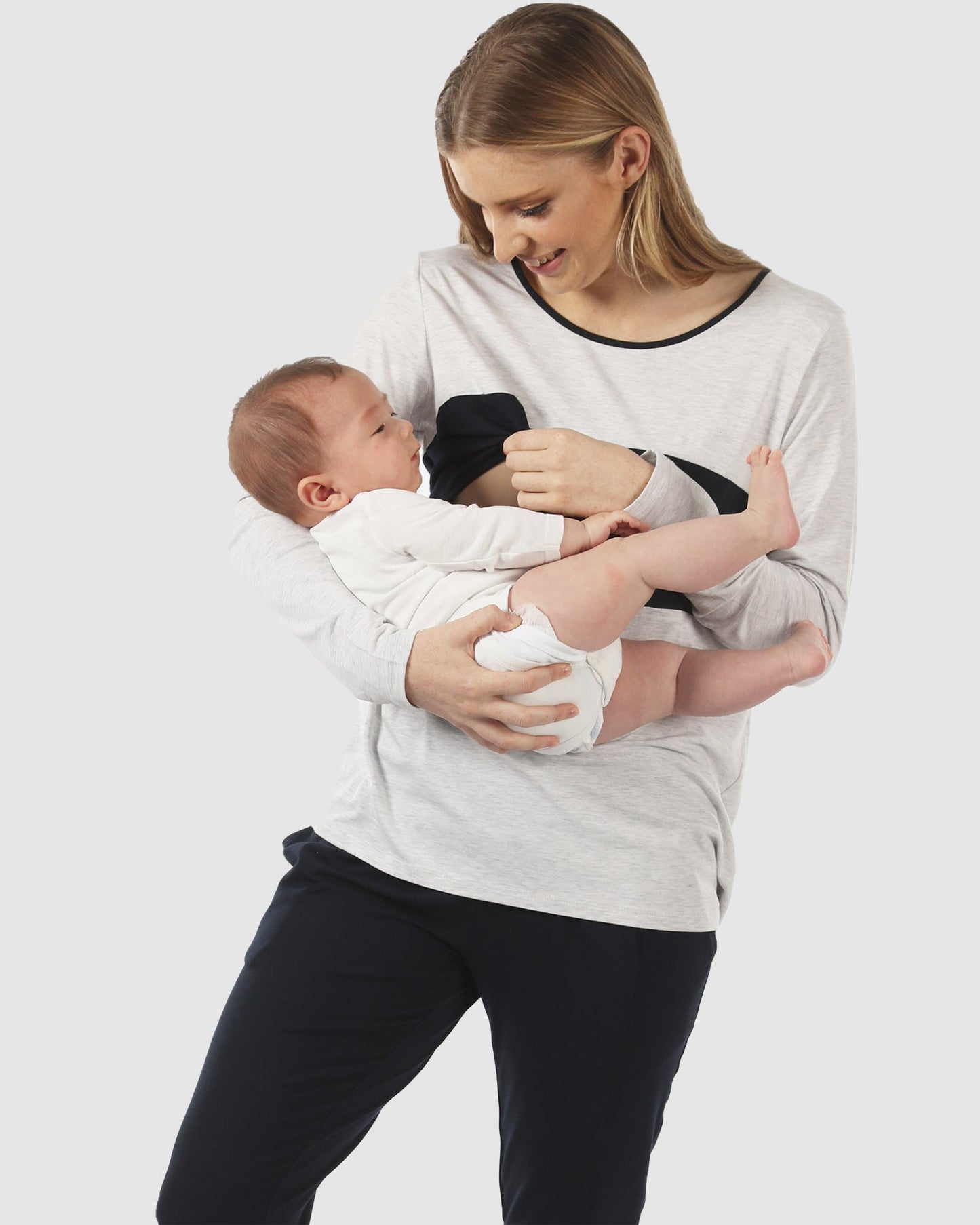 A woman in marl grey maternity long sleeve t shirt, baby (6663992574055)