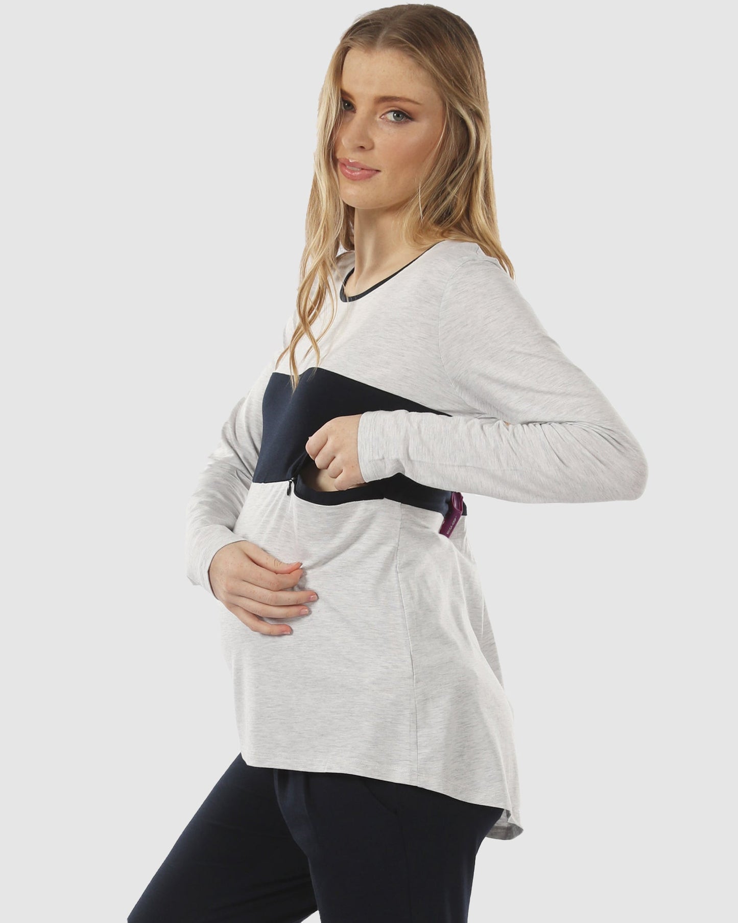 A woman in marl grey maternity long sleeve t shirt, feeding (6663992574055)