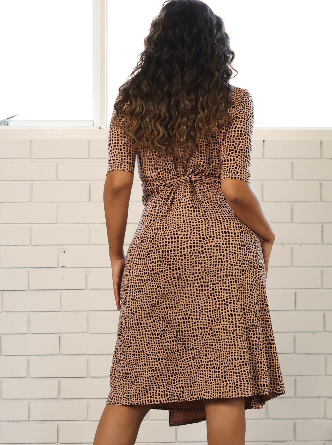 Back view - Maternity Classic Wrap Dress in Brown Print (6716374057054)