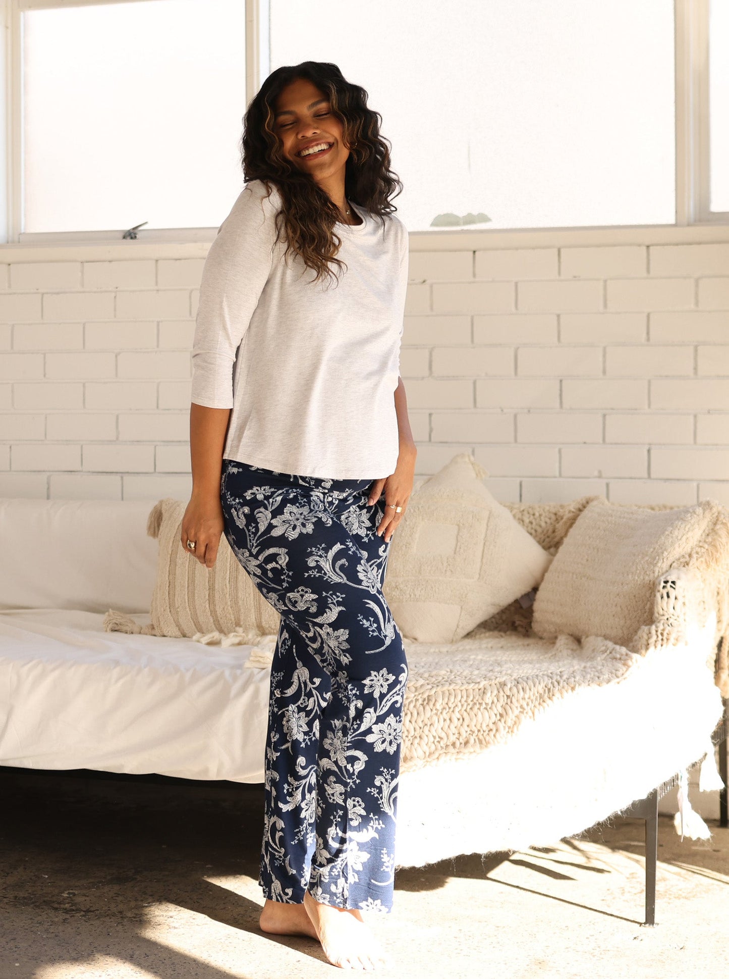 4 Pieces Maternity Lounge Wear Set- Grey/Parsley Print (6701620756583)