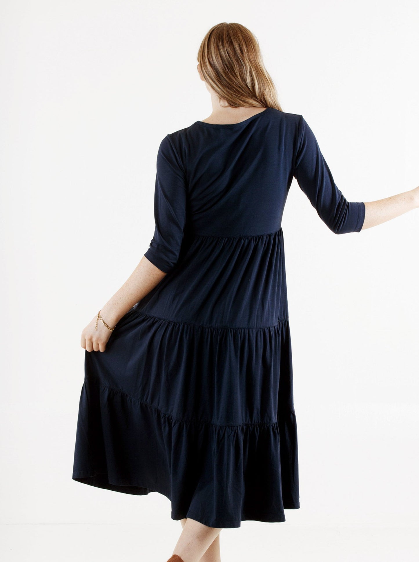 Back view - a woman in navy essential maternity tiered midi dress, back (6653086531687)