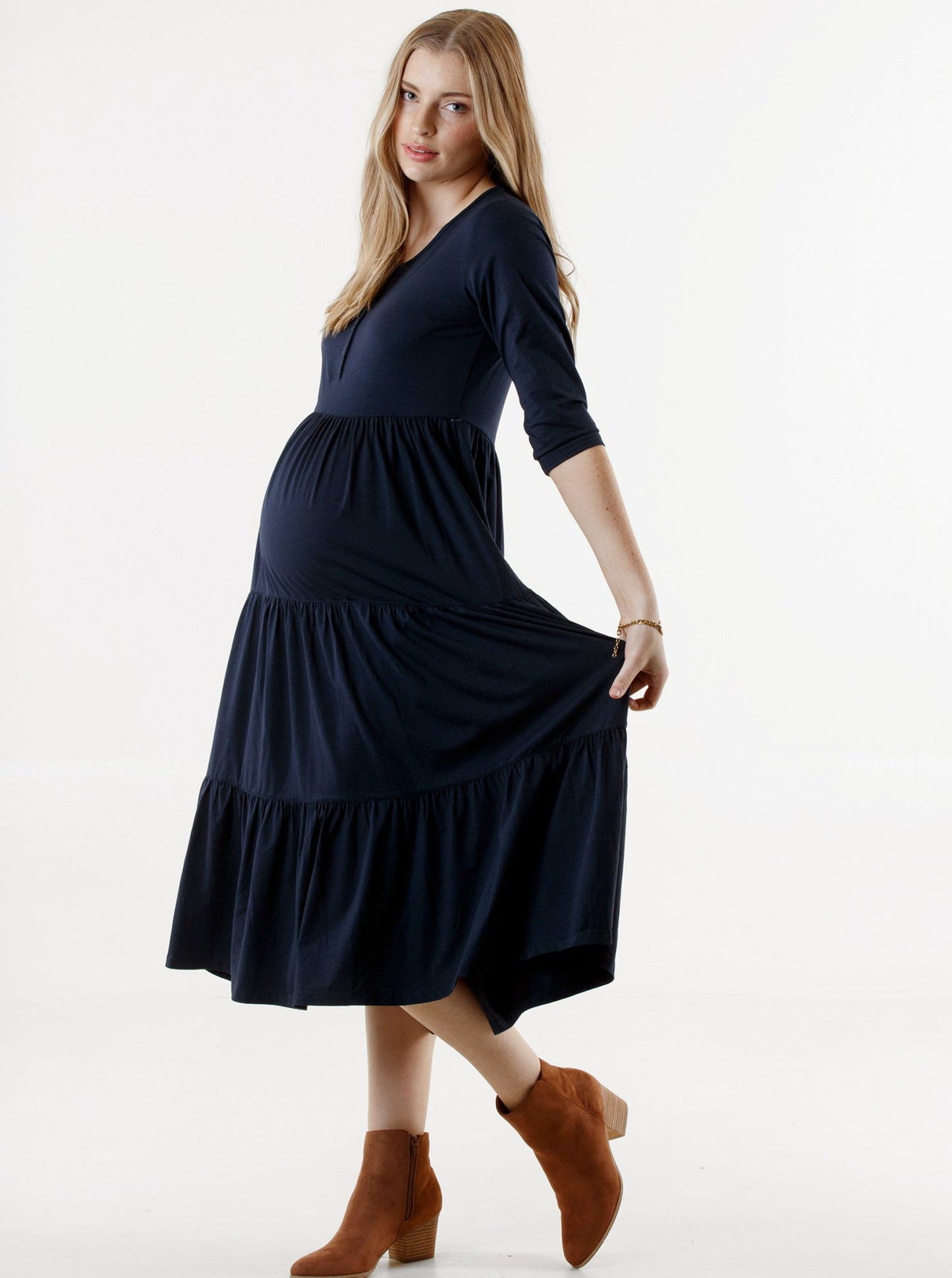 Main view - a woman in navy essential maternity tiered midi dress, main (6653086531687)