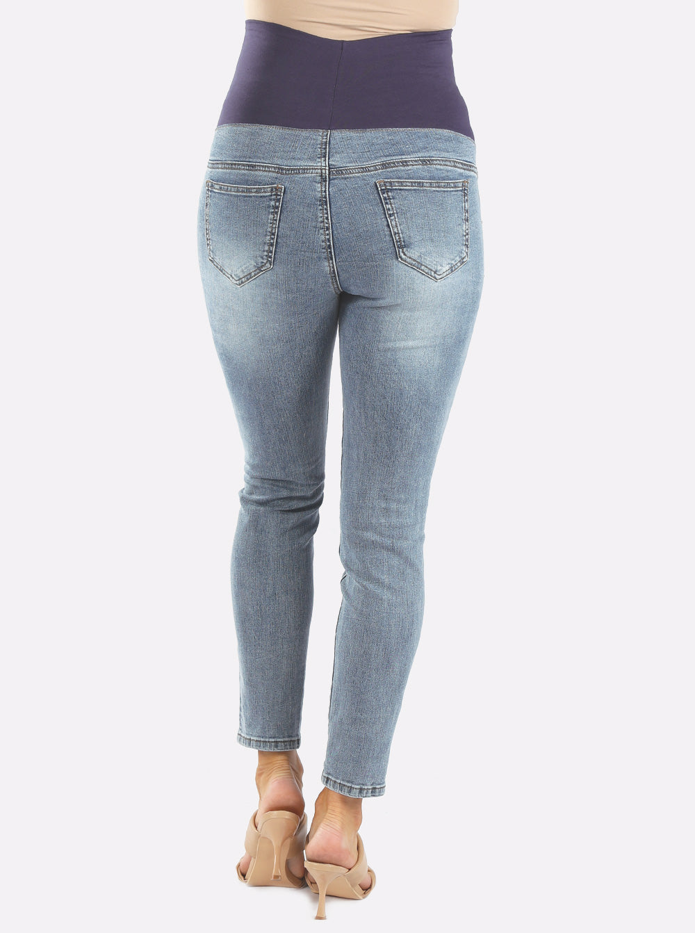 A woman in over the bump high waist Denim washed blue maternity jeans, back (6579096649831)