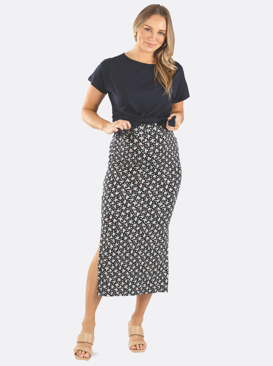 Fitted Maxi Maternity Skirt with Small Leaf Print - Angel Maternity - Maternity clothes - shop online (4744576106599)