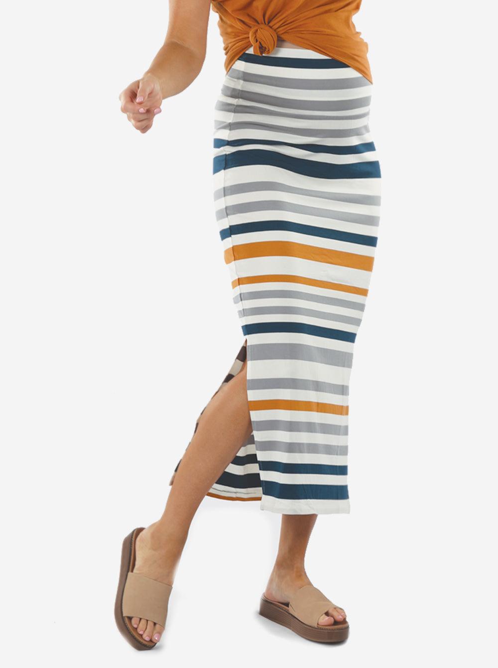 Full Length Bamboo Maternity Fitted Skirt - Orange and Blue Stripe - Angel Maternity - Maternity clothes - shop online (4721130733671)
