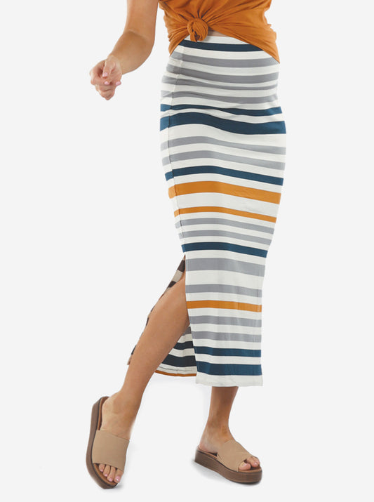Full Length Bamboo Maternity Fitted Skirt - Orange and Blue Stripe - Angel Maternity - Maternity clothes - shop online (4721130733671)
