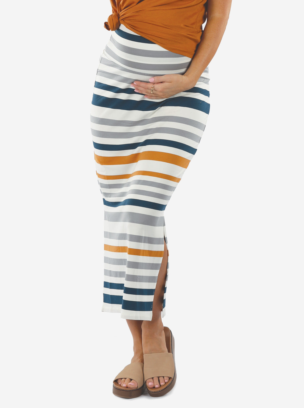 Full Length Bamboo Maternity Fitted Skirt - Orange and Blue Stripe - Angel Maternity - Maternity clothes - shop online (4721130733671)