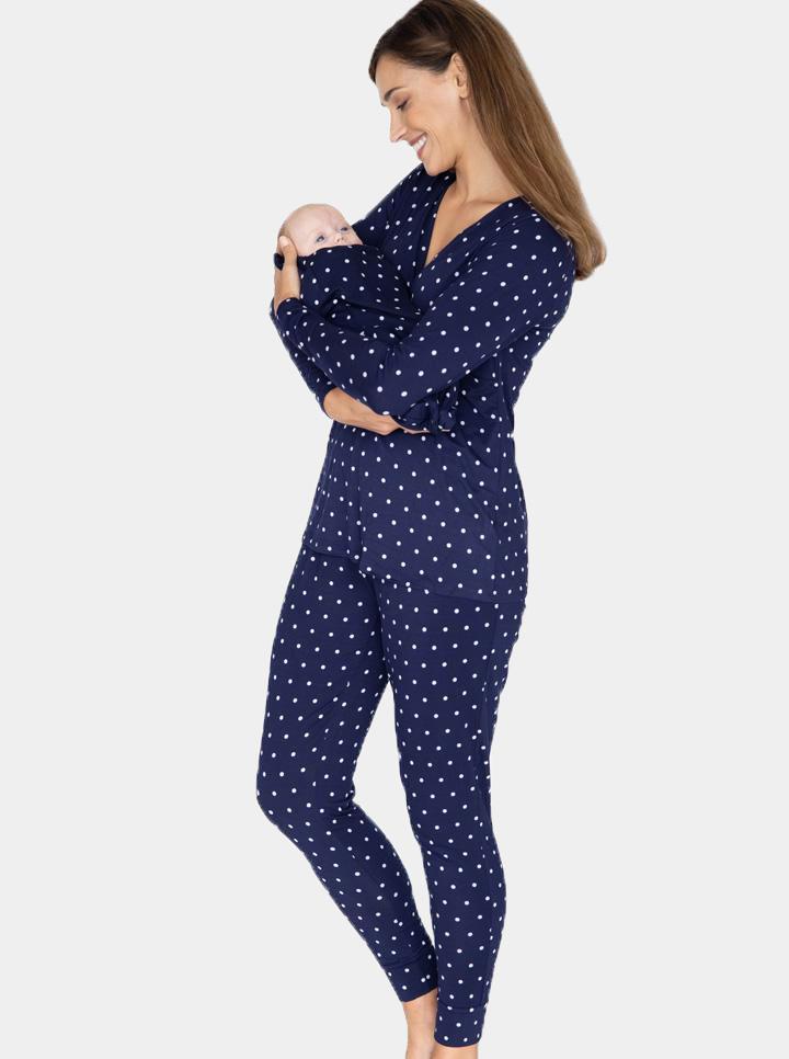 Maternity & Nursing 3 Piece Lounge Pyjama Outfit - Navy Polkadots