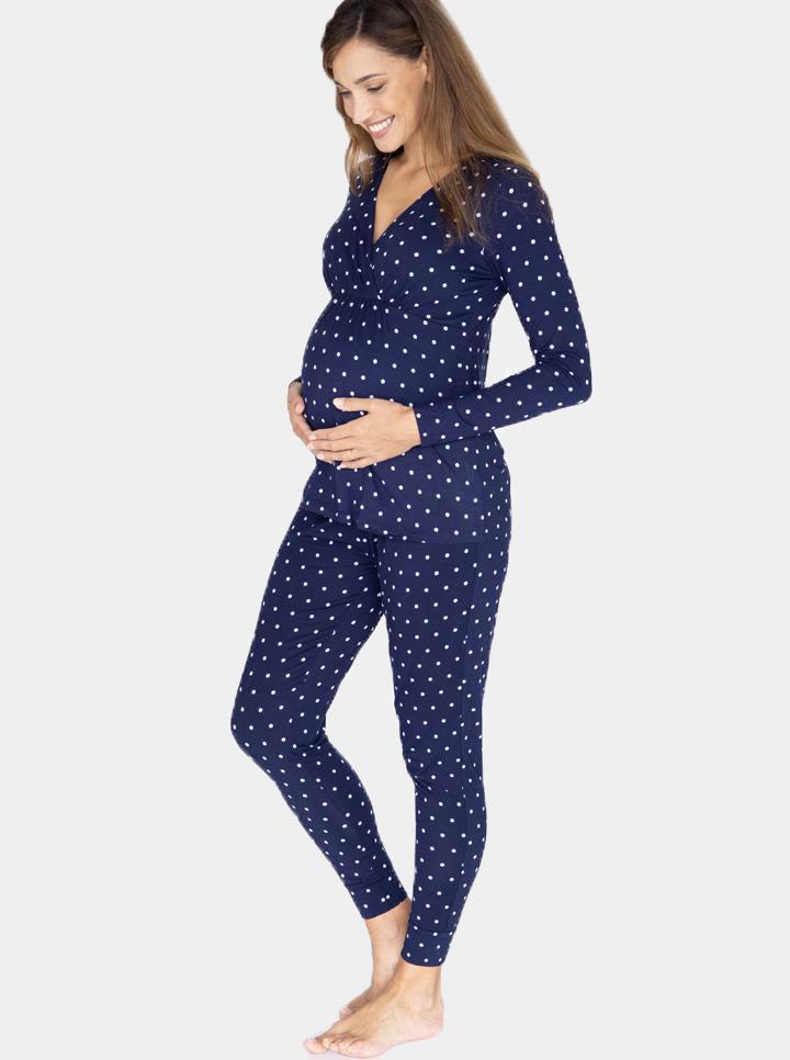 3 Piece Maternity & Nursing Lounge PJ Outfit - Navy Polkadots frnt (4673508540519)