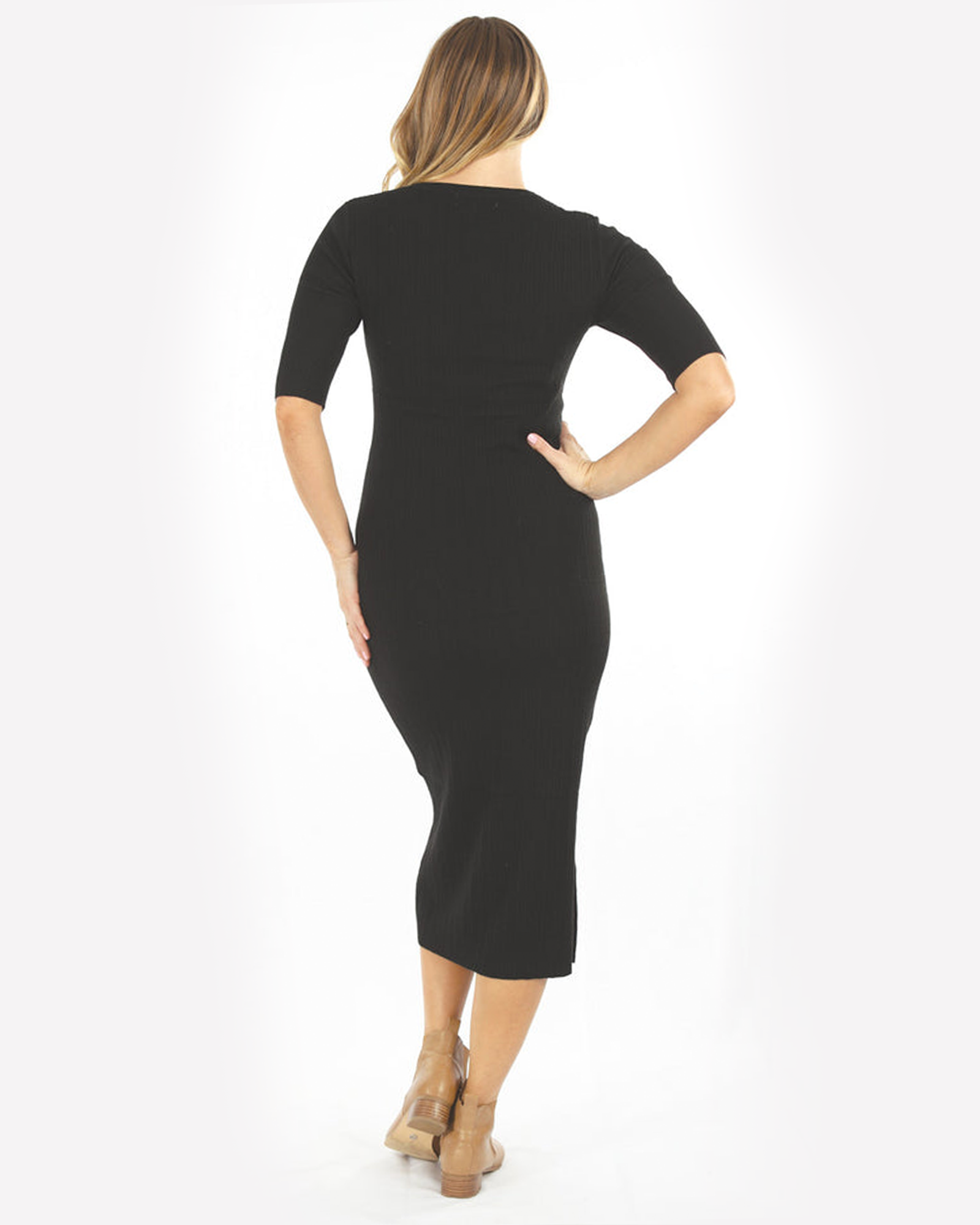A woman in black angel maternity annabella knit dress, back (6594399666279)