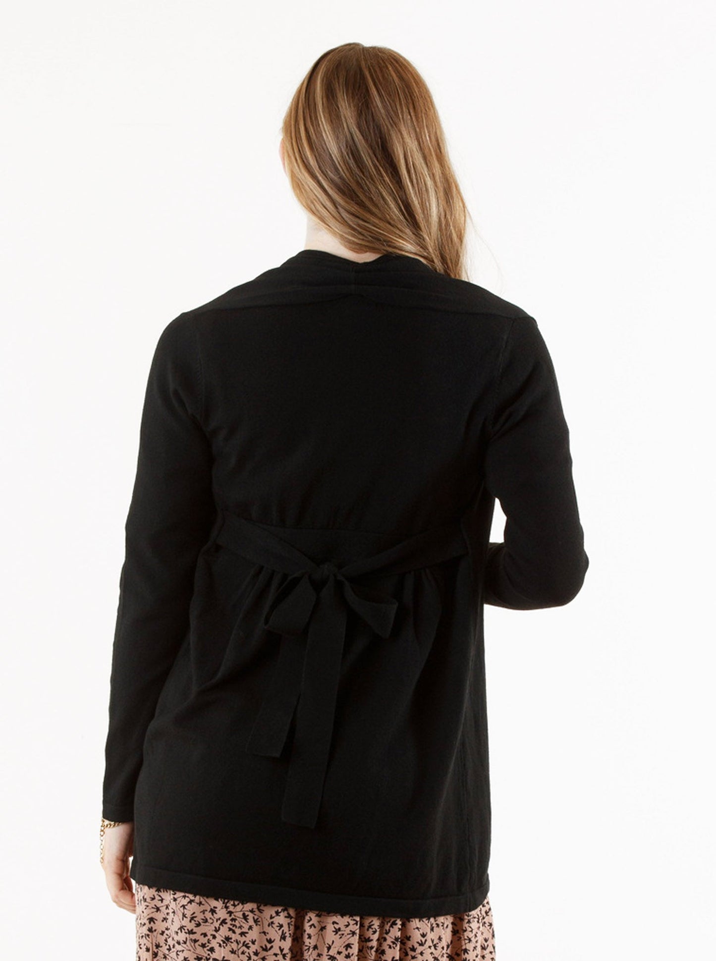 A woman in black angel maternity roll collar knitted waist tie cardigan, back (9984033350)