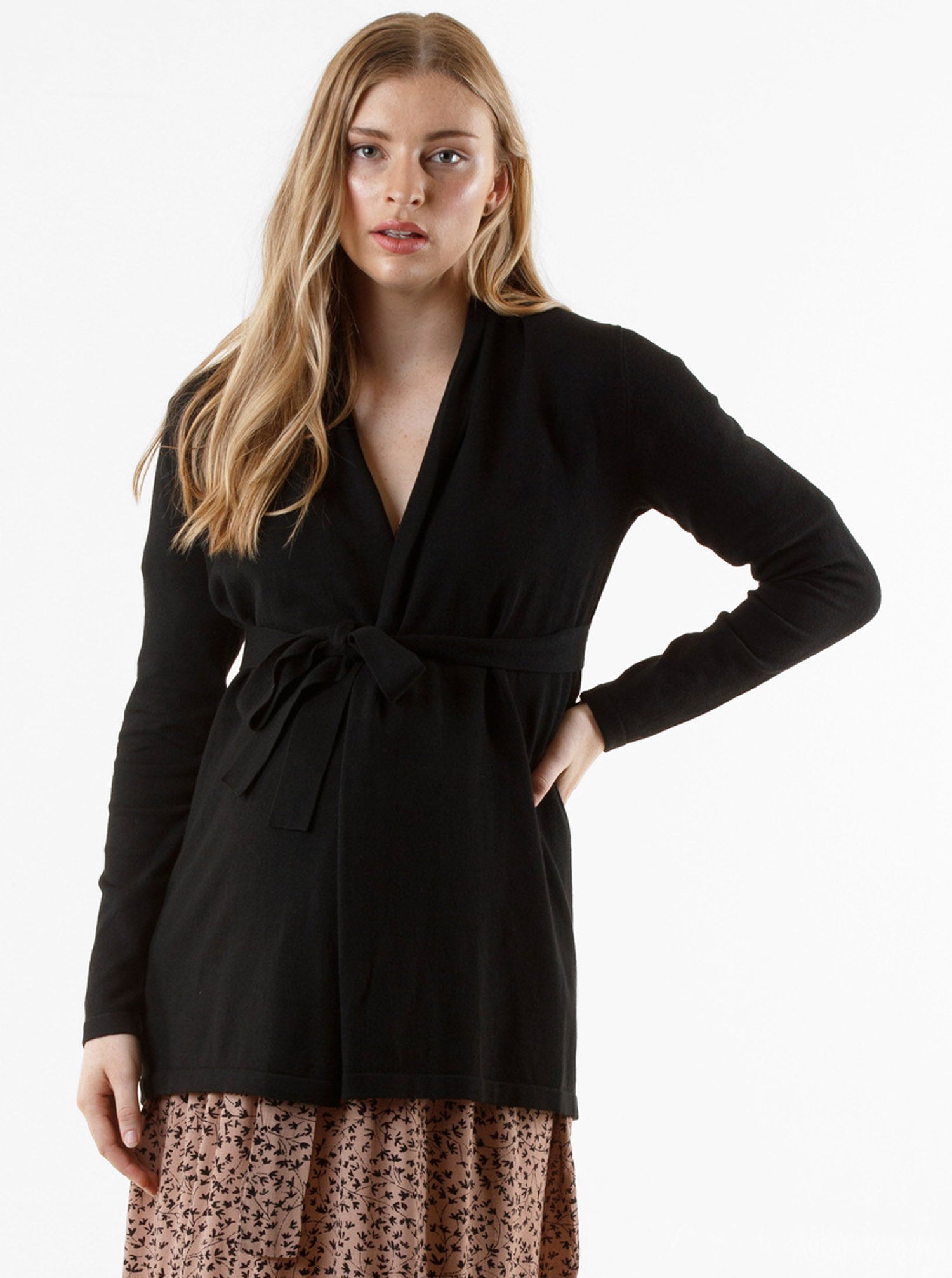 A woman in black angel maternity roll collar knitted waist tie cardigan, front 2 (9984033350)