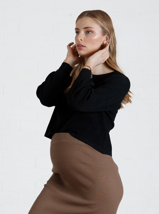 Luxury Black Maternity Knitted Cropped Top (6651643887719)