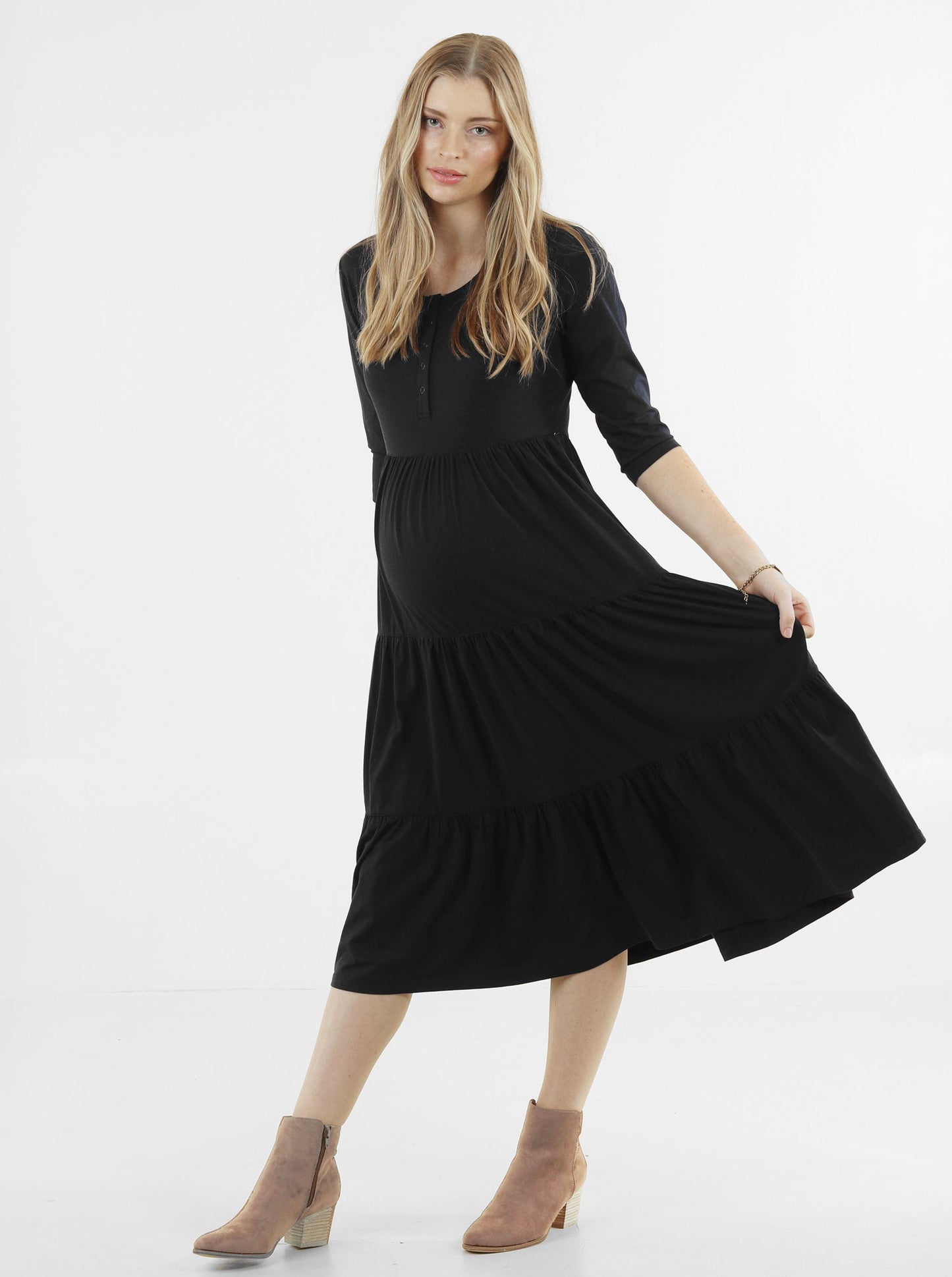 Lili Maternity Tiered Midi Dress in Black (6653090398311)