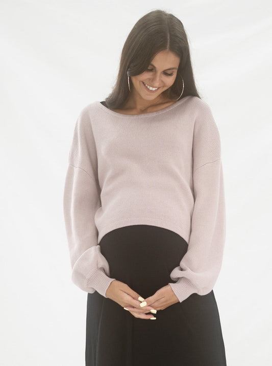 A woman who's smiling in Mauve angel maternity maternity luxury knitted nursing top, front (6543151857767)