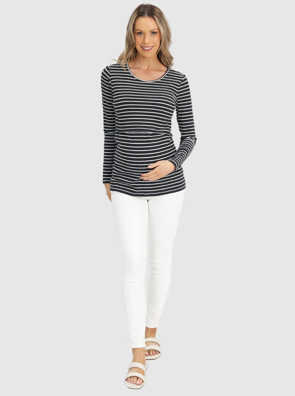 Maternity & Nursing Long Sleeve Top in Black/Grey Stripe - Angel Maternity - Maternity clothes - shop online (6584602427495)