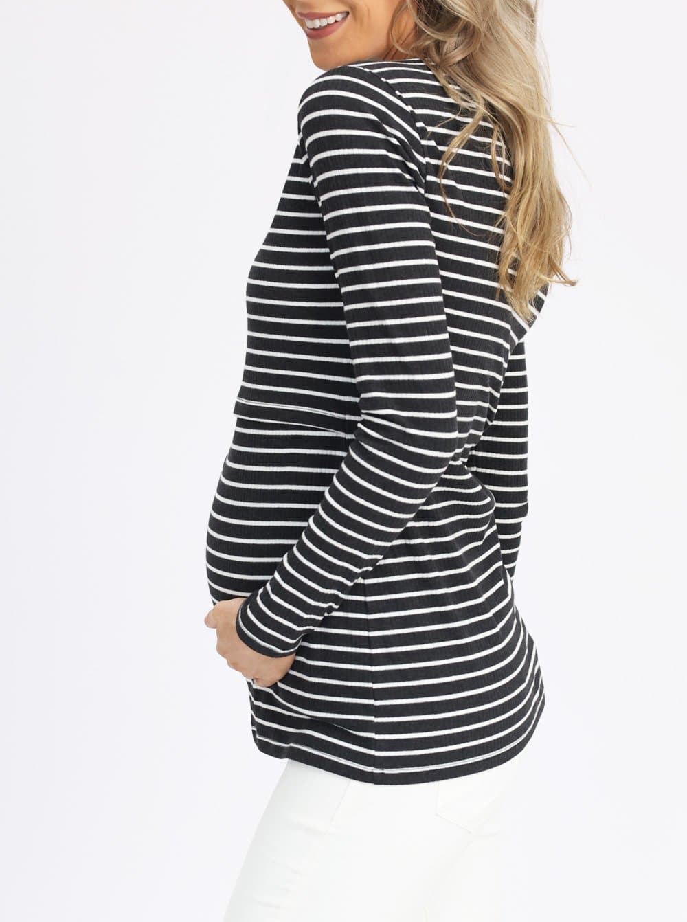 Maternity & Nursing Long Sleeve Top in Black/Grey Stripe - Angel Maternity - Maternity clothes - shop online (6584602427495)