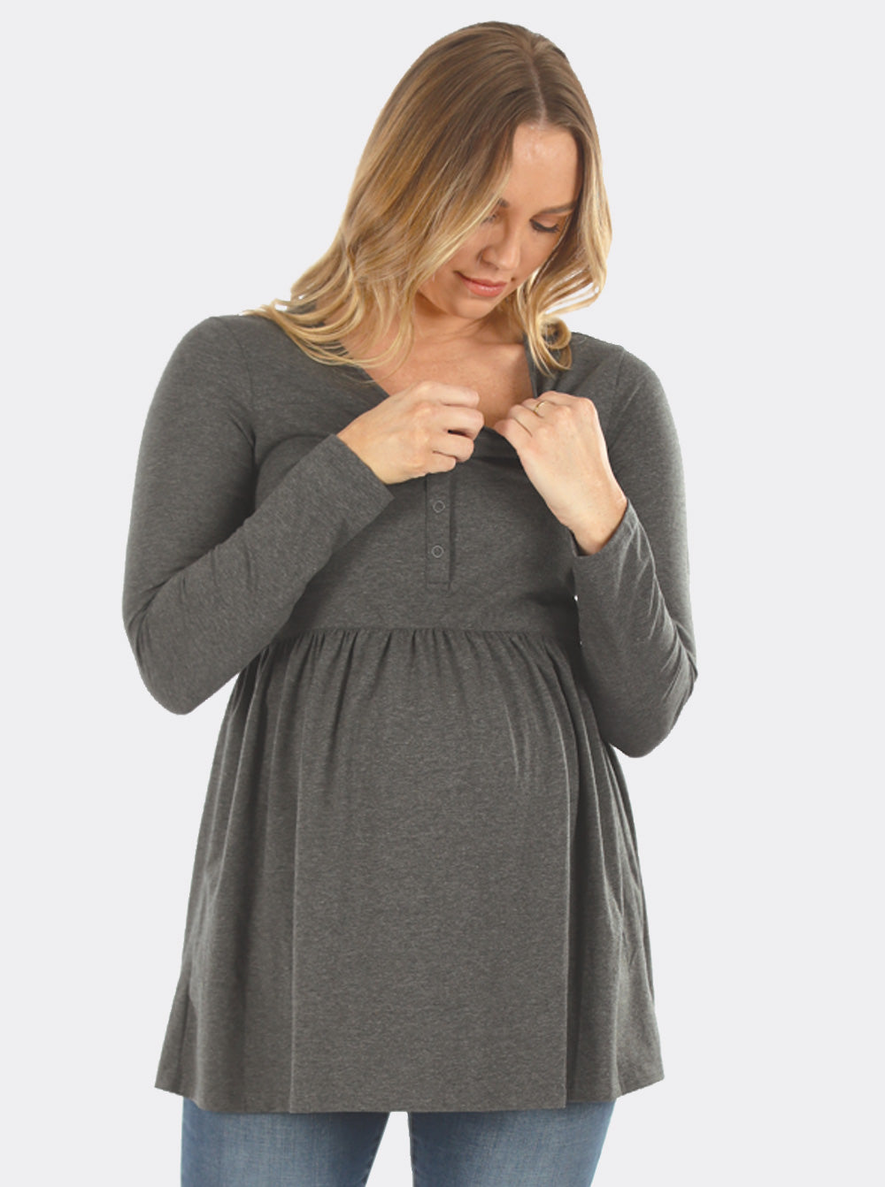 Maternity & Nursing Long Sleeve Baby Doll Tee In Charcoal (6655076270183)