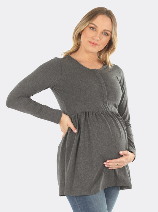 Maternity & Nursing Long Sleeve Baby Doll Tee In Charcoal (6655076270183)