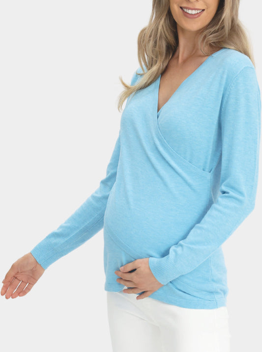 Maternity Crossover Nursing Long Sleeve Top in See Blue - Angel Maternity - Maternity clothes - shop online (6594380824679)