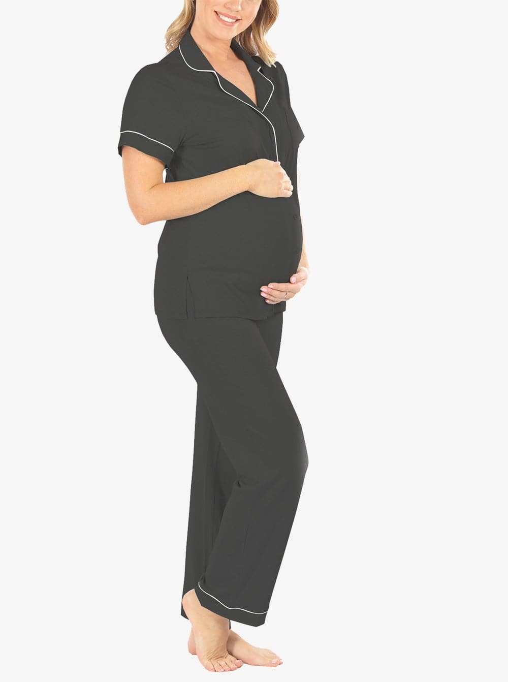 Maternity and Nursing short Sleeve Pyjama Set in Black Bamboo (6594432172135)