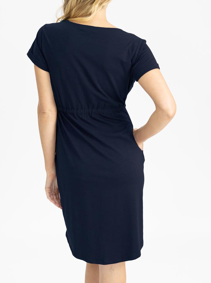 Maternity & Nursing Zipper Drawstring Dress in Navy back (4725945401447)