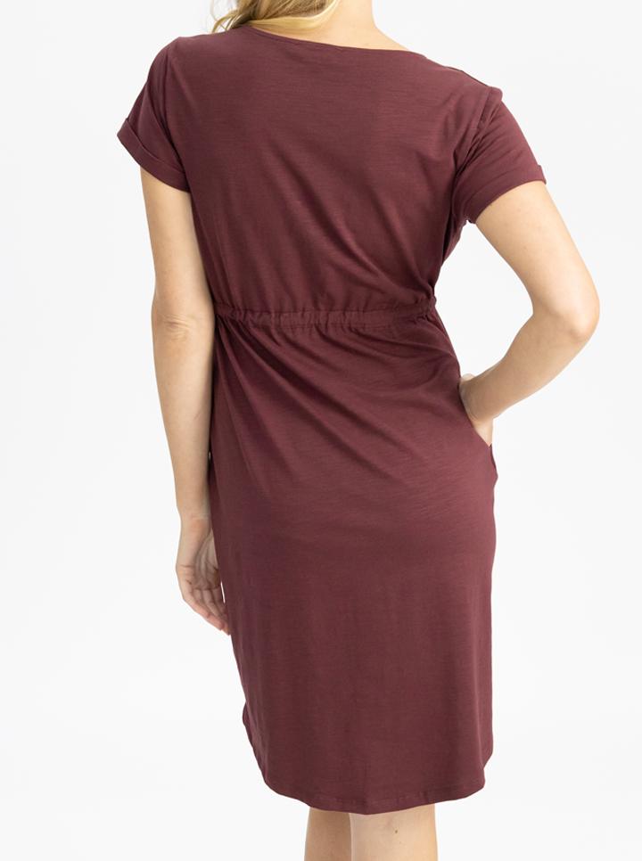 Maternity & Nursing Zipper Drawstring Dress in Burgundy back (4686518878311)