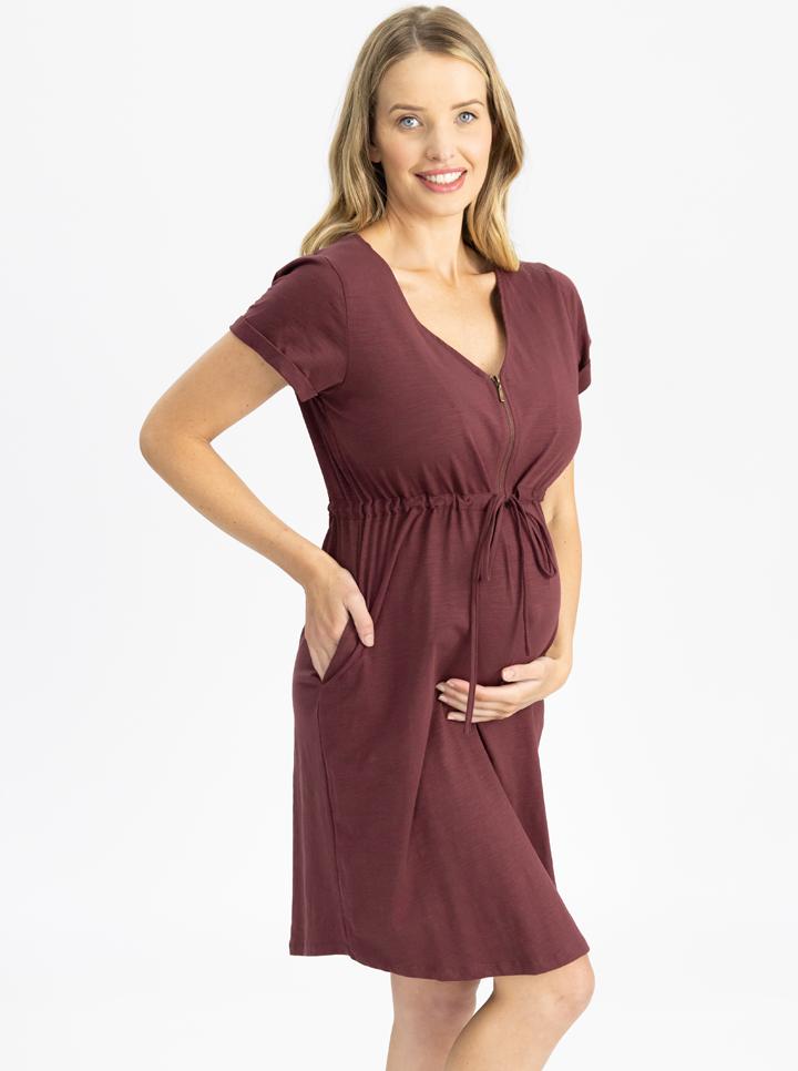 Maternity & Nursing Zipper Drawstring Dress in Burgundy side (4686518878311)