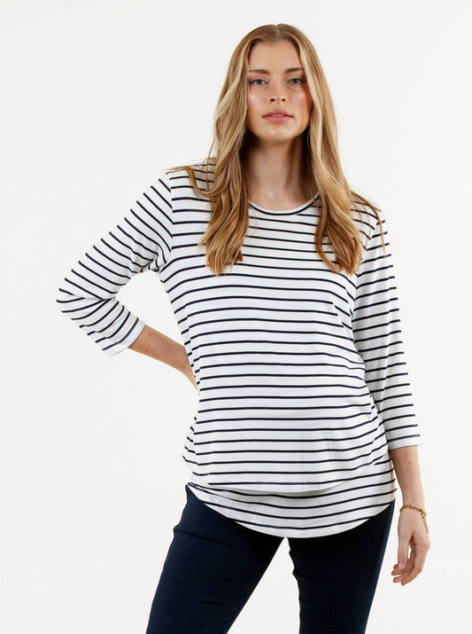 A woman in bamboo stripe long sleeve maternity nursing top, main (6653090791527)