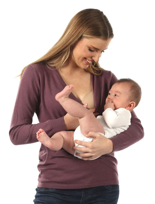 A woman in crossover long sleeve smoked purple maternity nursing top, main (6594382495847)