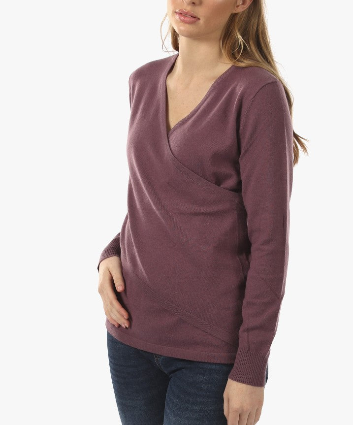 A woman in crossover long sleeve smoked purple maternity nursing top, side (6594382495847)