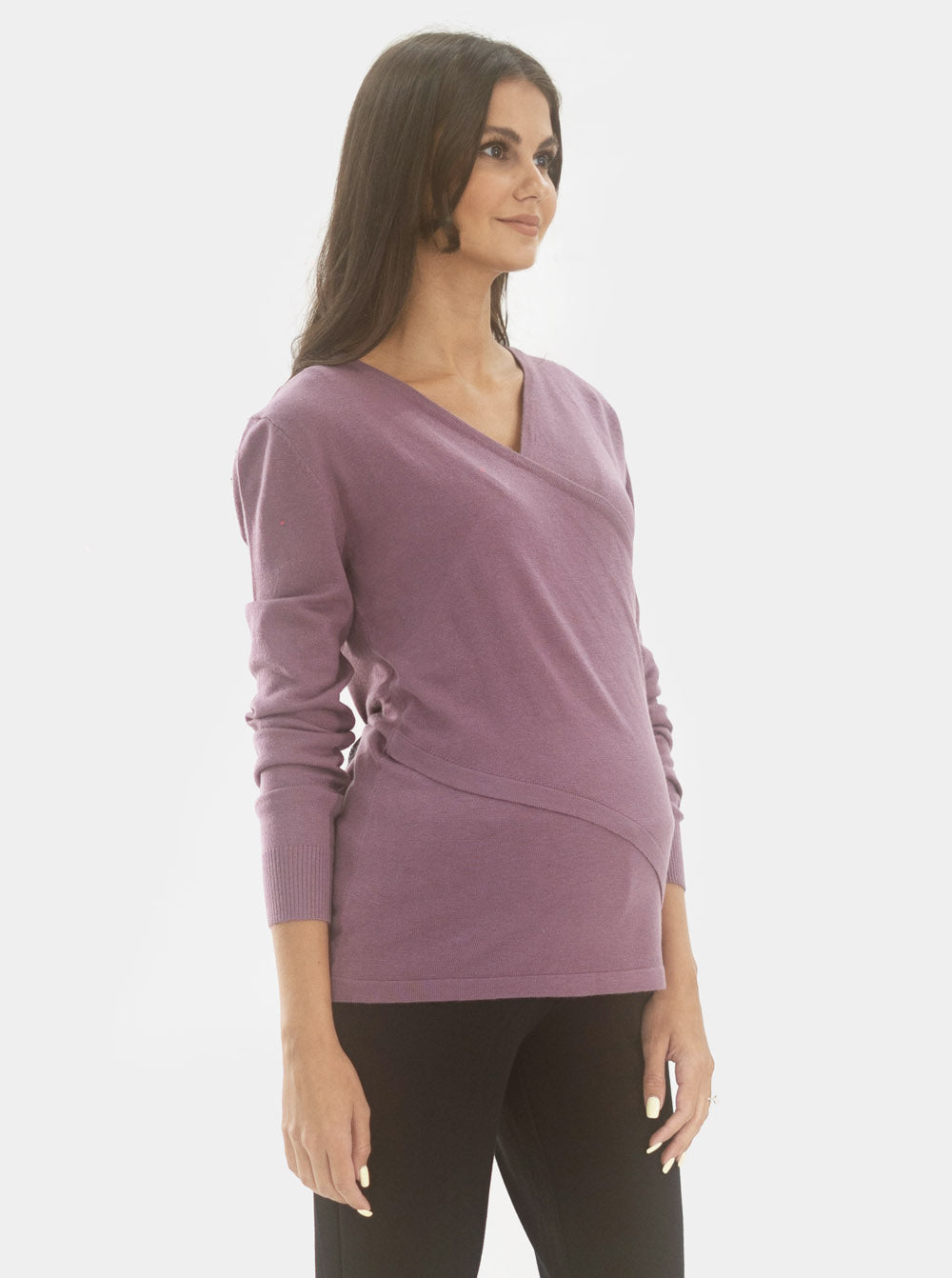 A woman in crossover long sleeve smoked purple maternity nursing top, side2 (6594382495847)