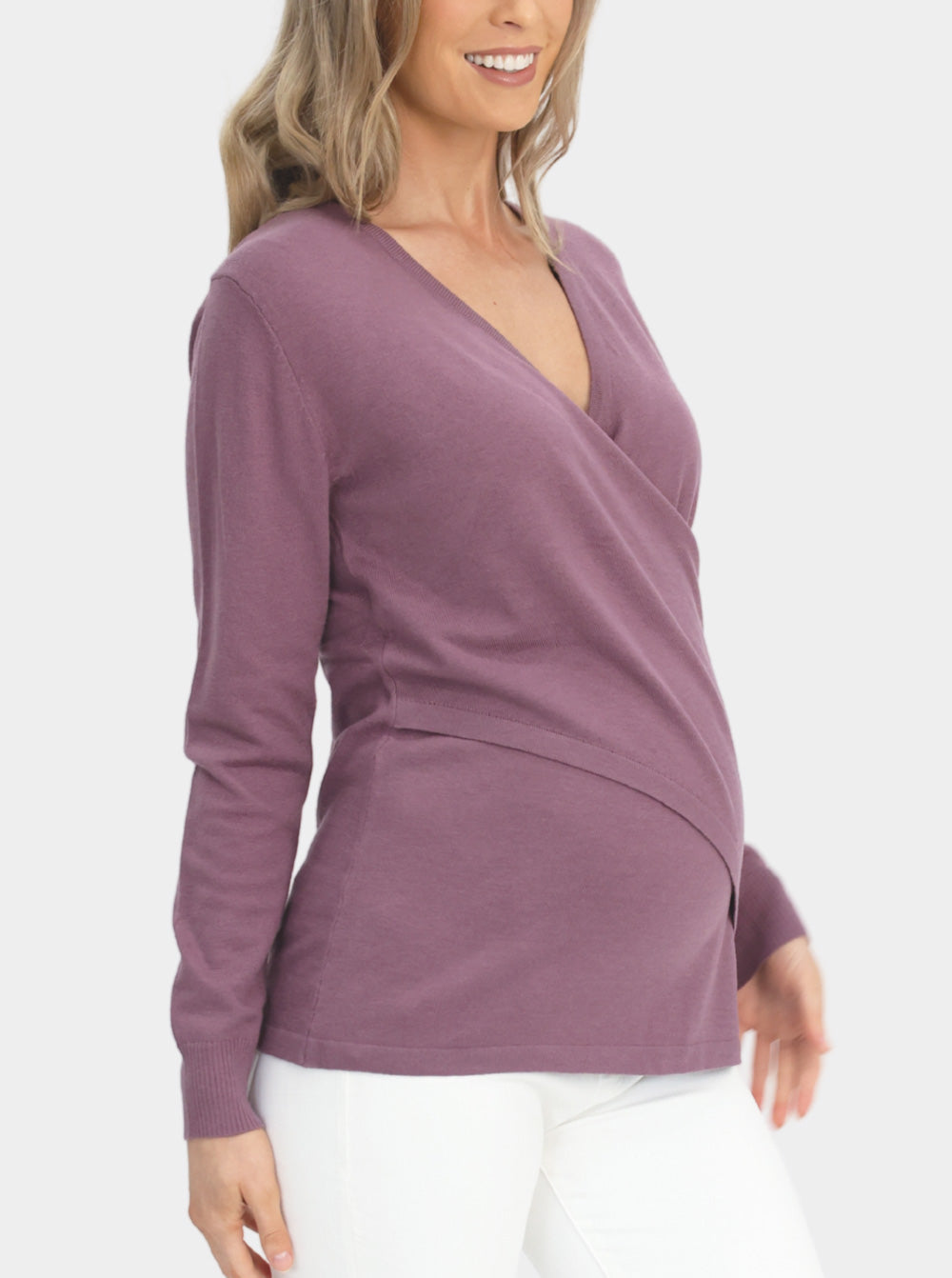 A woman in crossover long sleeve smoked purple maternity nursing top, side3 (6594382495847)