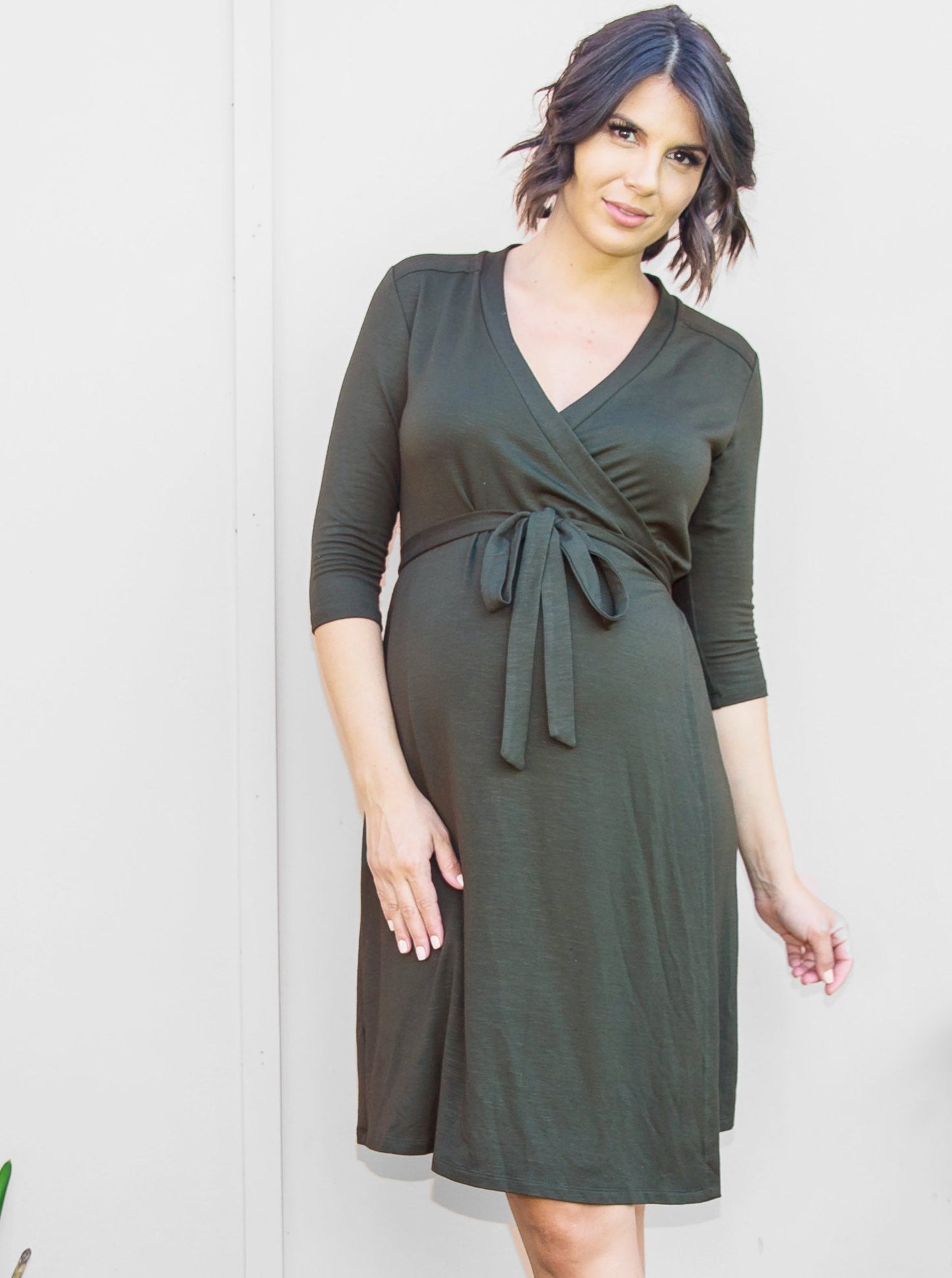 Maternity Classic Wrap Feeding Dress in Khaki (4704589643879)