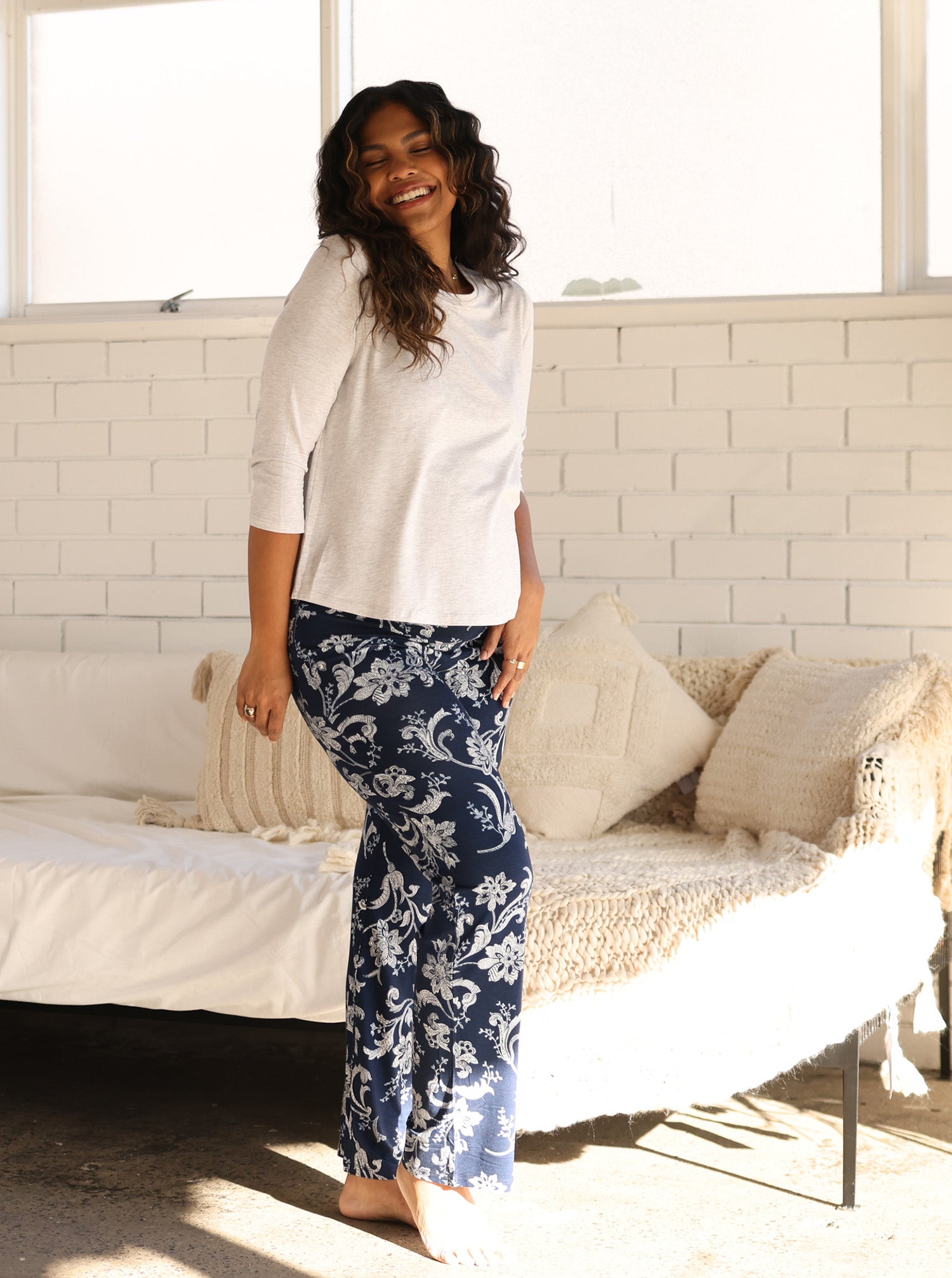 4 Pieces  Maternity Lounge Wear Set-  Grey/Parsley Print (6701620756583)